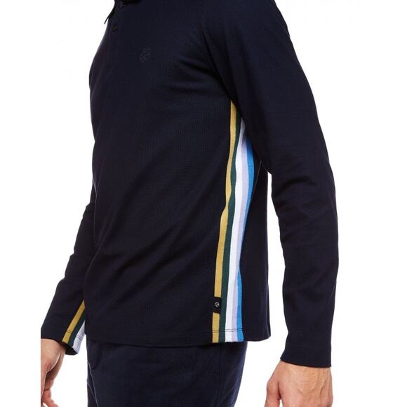 Ted Baker Polo Shirt Size 3 Medium Long Sleeve Side Seam Striped Navy Blue - Picture 2 of 10